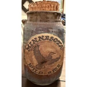 Vintage Minnesota Wild Rice Ceramic Jar Rustic Duck Cork Stopper Collectible